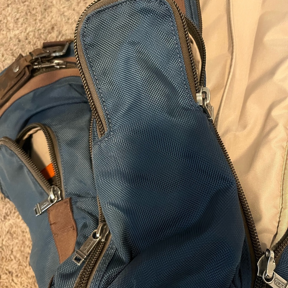 Tumi Blue and Brown Ballistic Nylon Backpack with Leather Accents - Picture 6 of 14